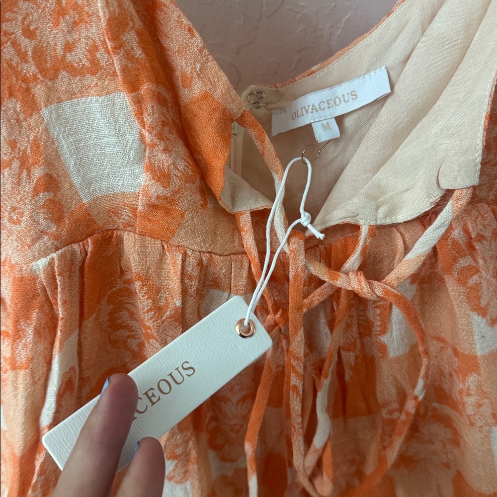 Olivaceous Orange White Floral Check Puff Sleeve Midi Dress Tie Front M NWT - Picture 3 of 4